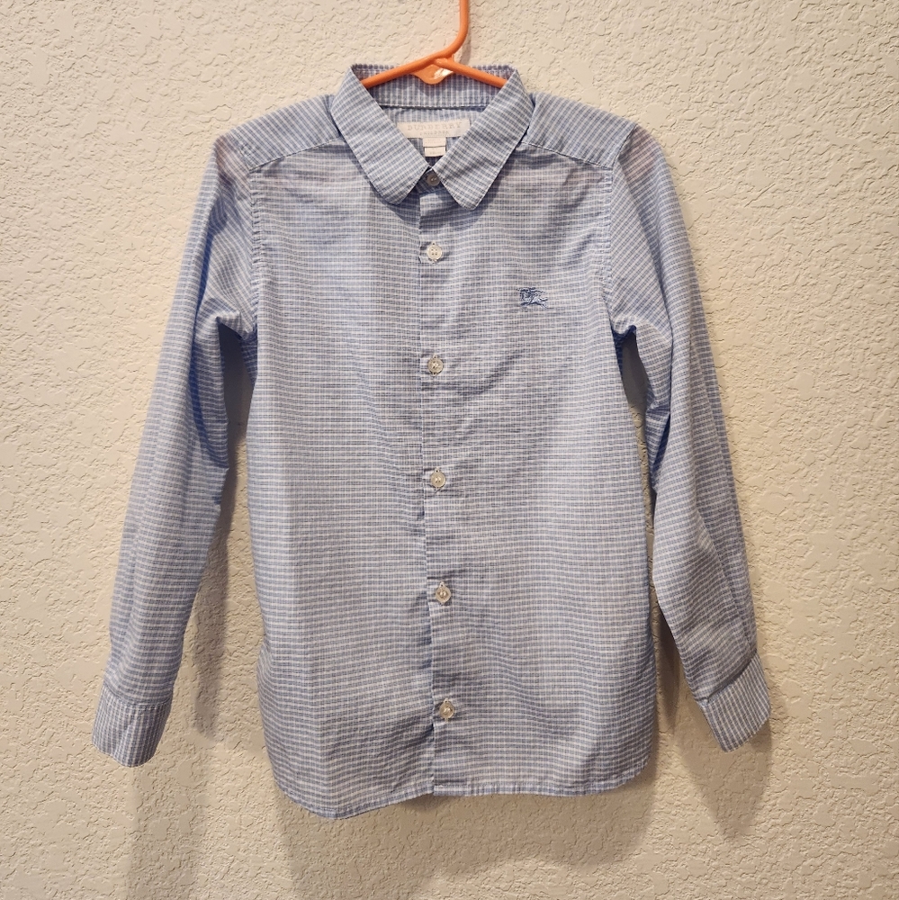 Burberry Checkered Baby Blue and White Button Down Long Sleeve Dress Shirt